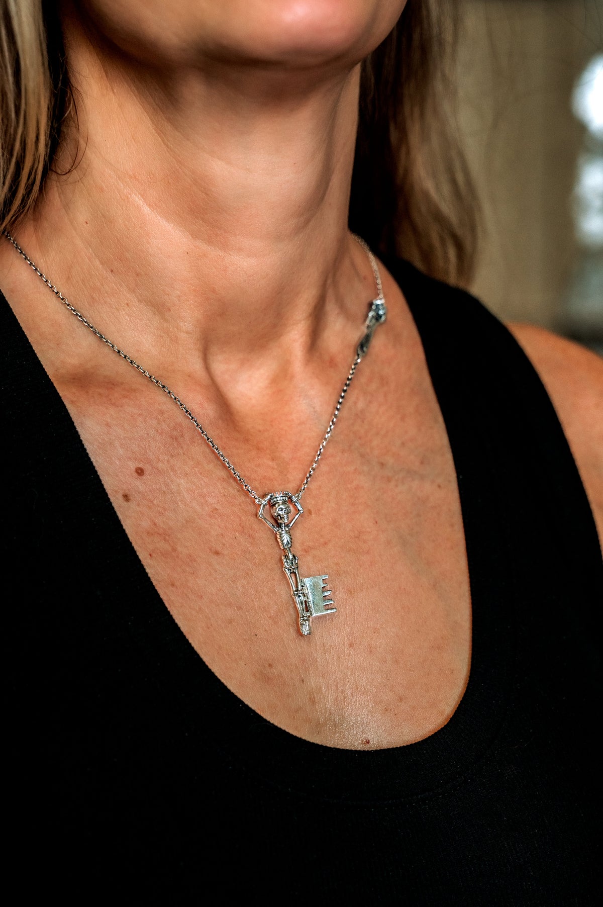 jester skeleton key necklace sterling silver front