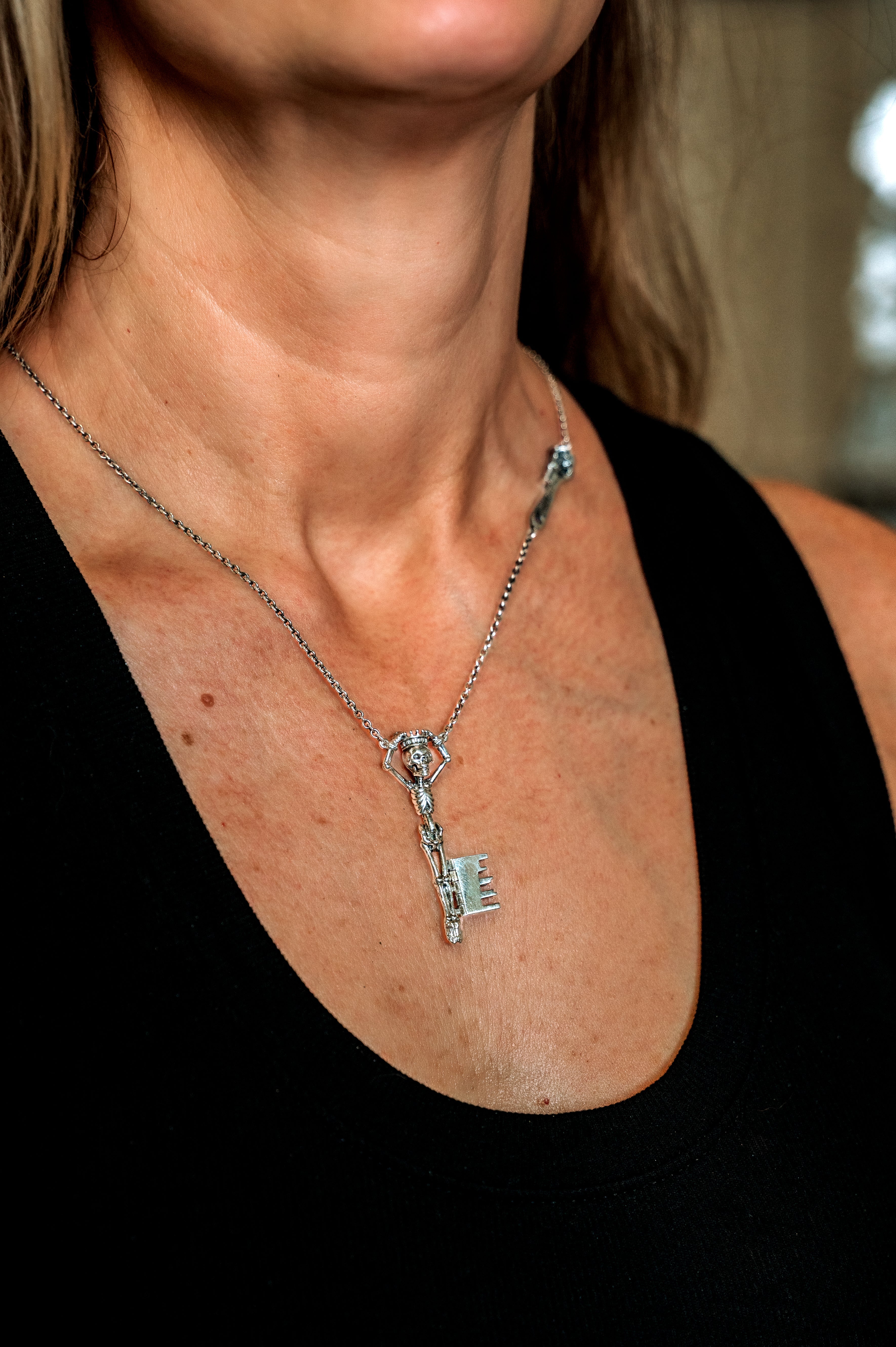 jester skeleton key necklace sterling silver front