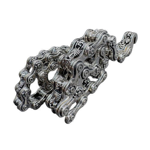 Chain of Fools motorcycle-chain statement bracelet by Monkey Wrench Designs, close-up detail