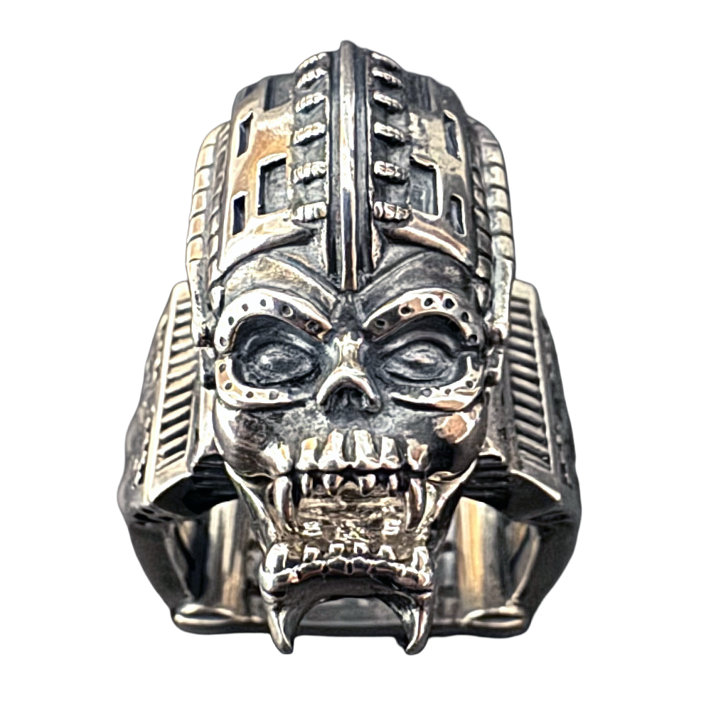Fangface alien biomechanical ring by Monkey Wrench Designs, front view