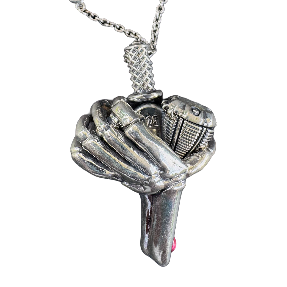 Heart of Power v-twin heart-and-dagger pendant by Monkey Wrench Designs, back view