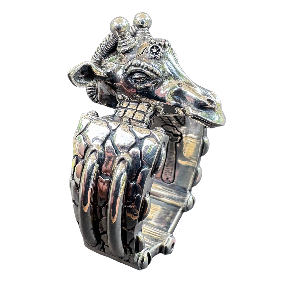 Rubberneck biomechanical giraffe ring by Monkey Wrench Designs, front left angle
