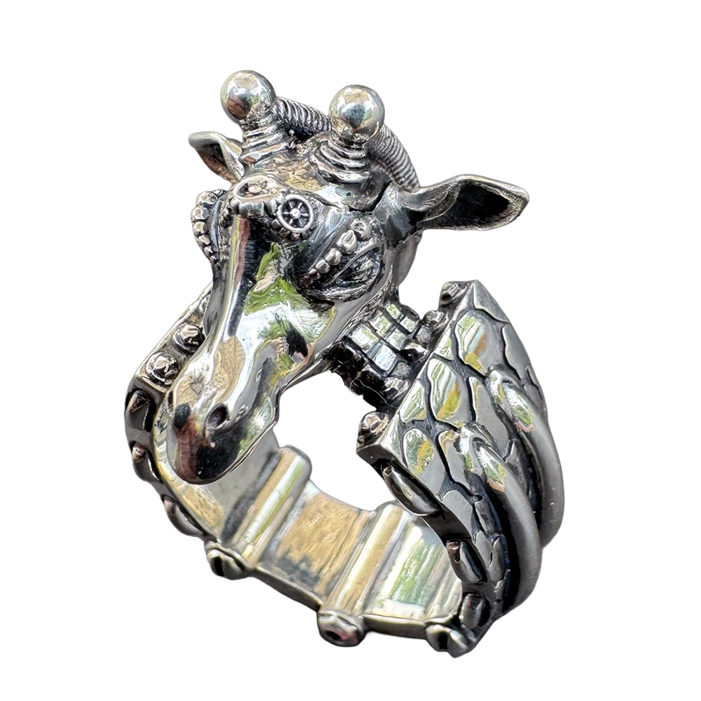 Rubberneck biomechanical giraffe ring by Monkey Wrench Designs, front right angle