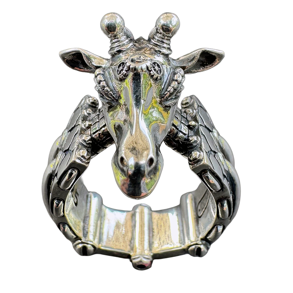 Rubberneck biomechanical giraffe ring by Monkey Wrench Designs, front view