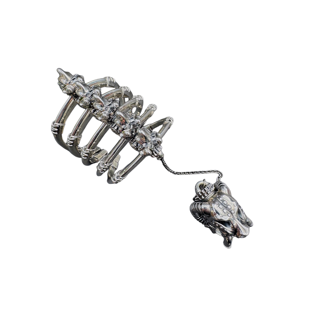 Sabretooth ring-and-cuff statement cuff bracelet by Monkey Wrench Designs, top view