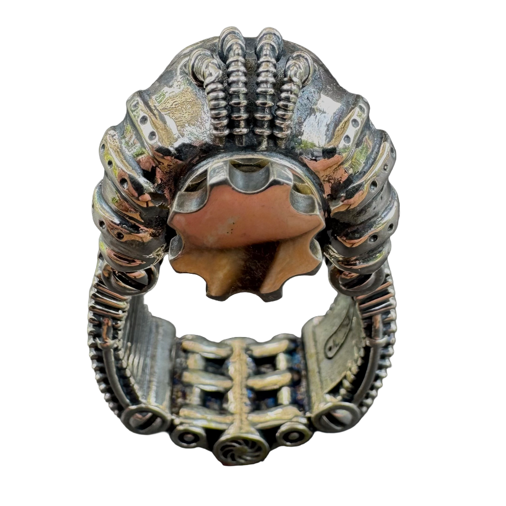 Torque piston-powered statement ring by Monkey Wrench Designs, back view