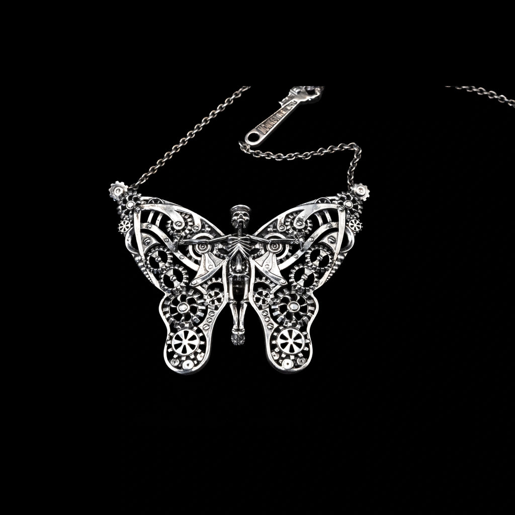 butterfly steampunk skeleton necklace sterling silver front