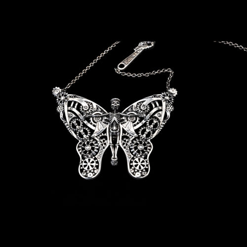 butterfly steampunk skeleton necklace sterling silver front