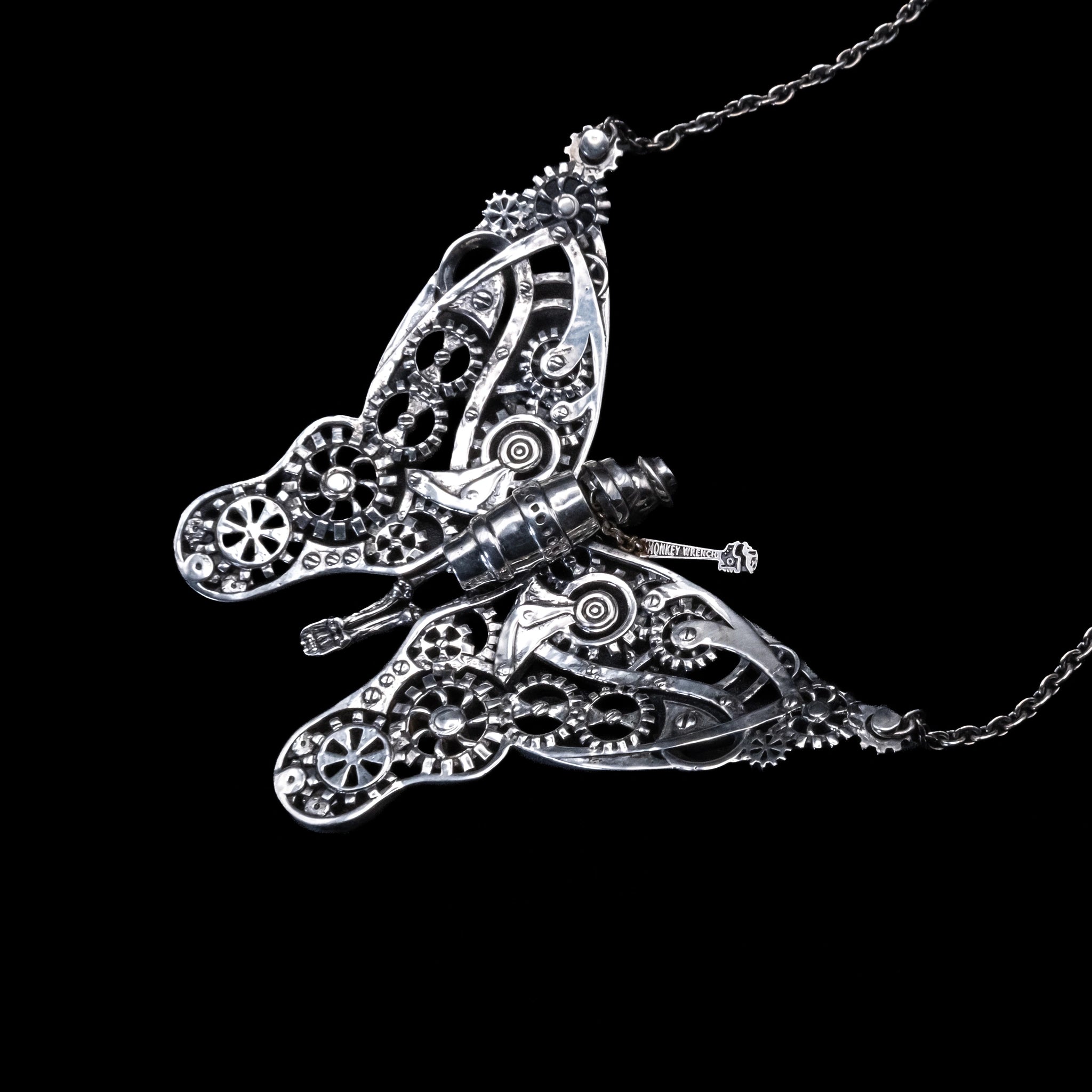 butterfly steampunk skeleton necklace sterling silver side