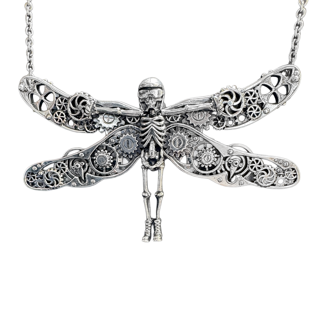 Dragonfly clockwork skeleton dragonfly necklace by Monkey Wrench Designs, front view