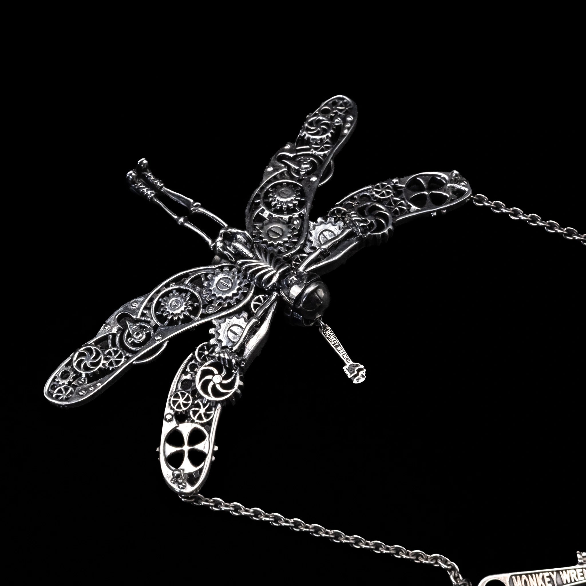 dragonfly steampunk skeleton necklace sterling silver close up
