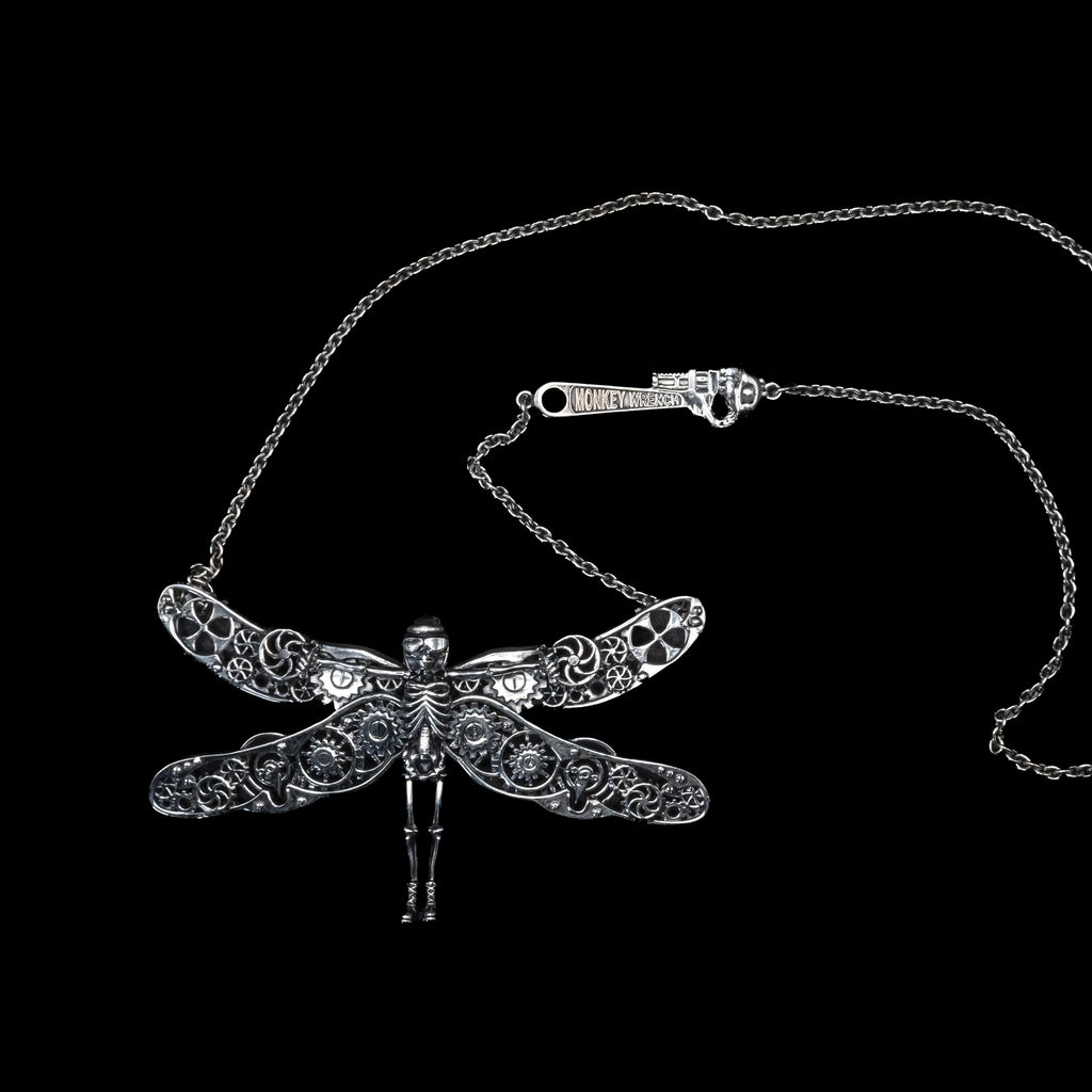 dragonfly steampunk skeleton necklace sterling silver front