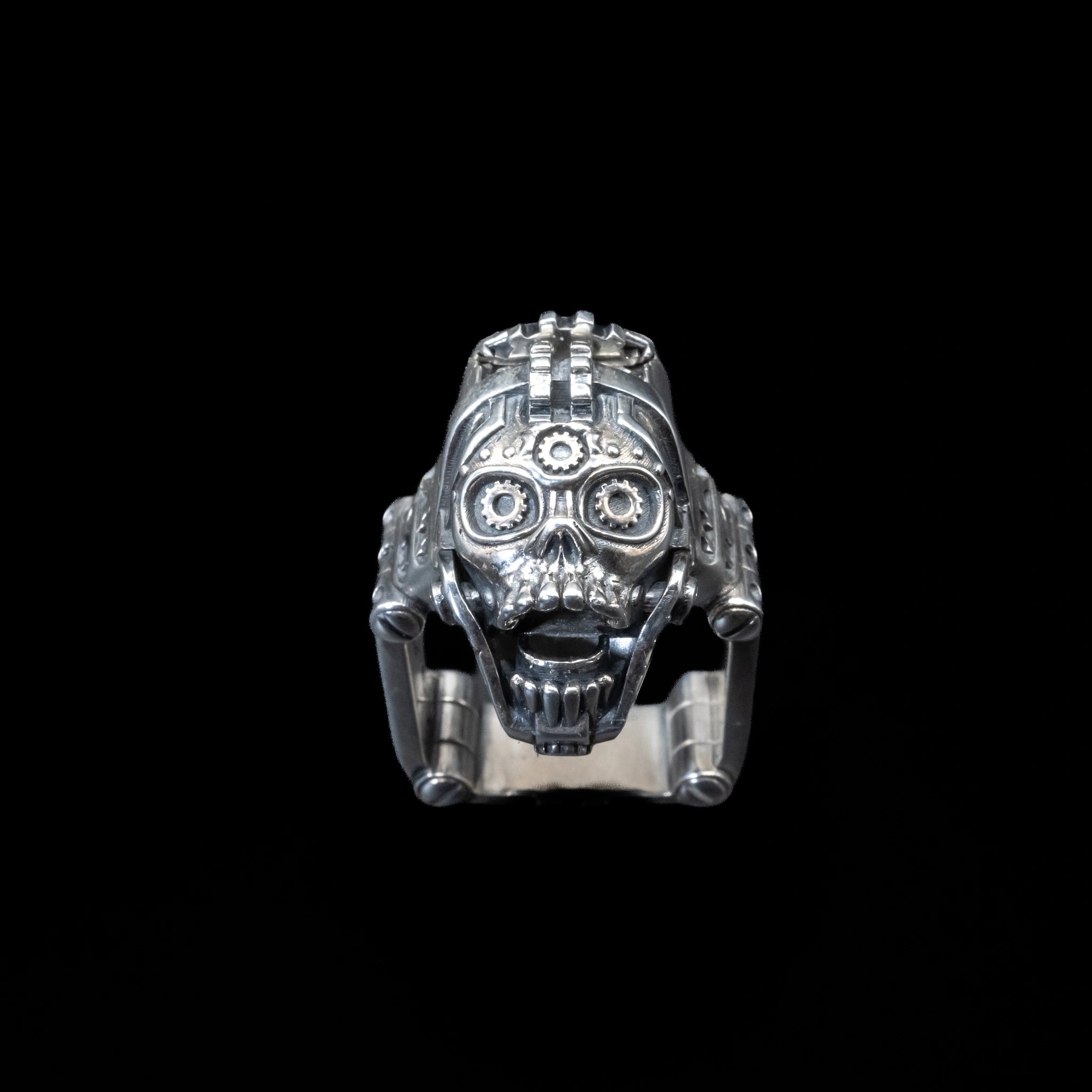 gearhead skull ring sterling silver front