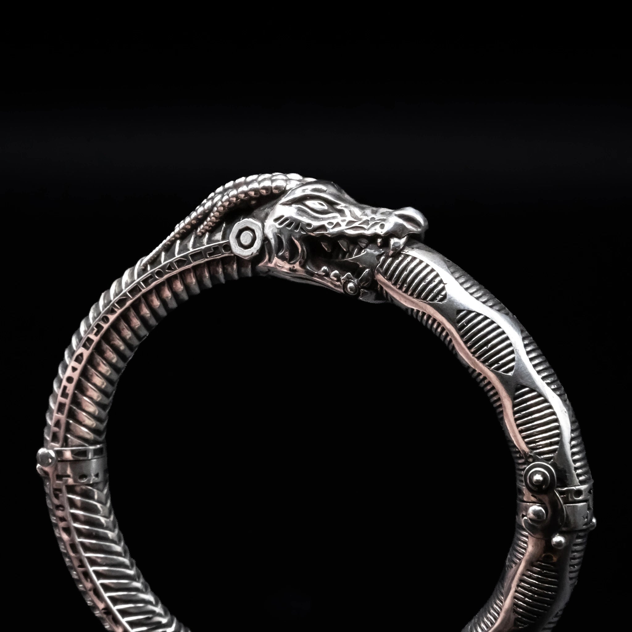 heads or tails wyvern lion bangle bracelet sterling silver close up