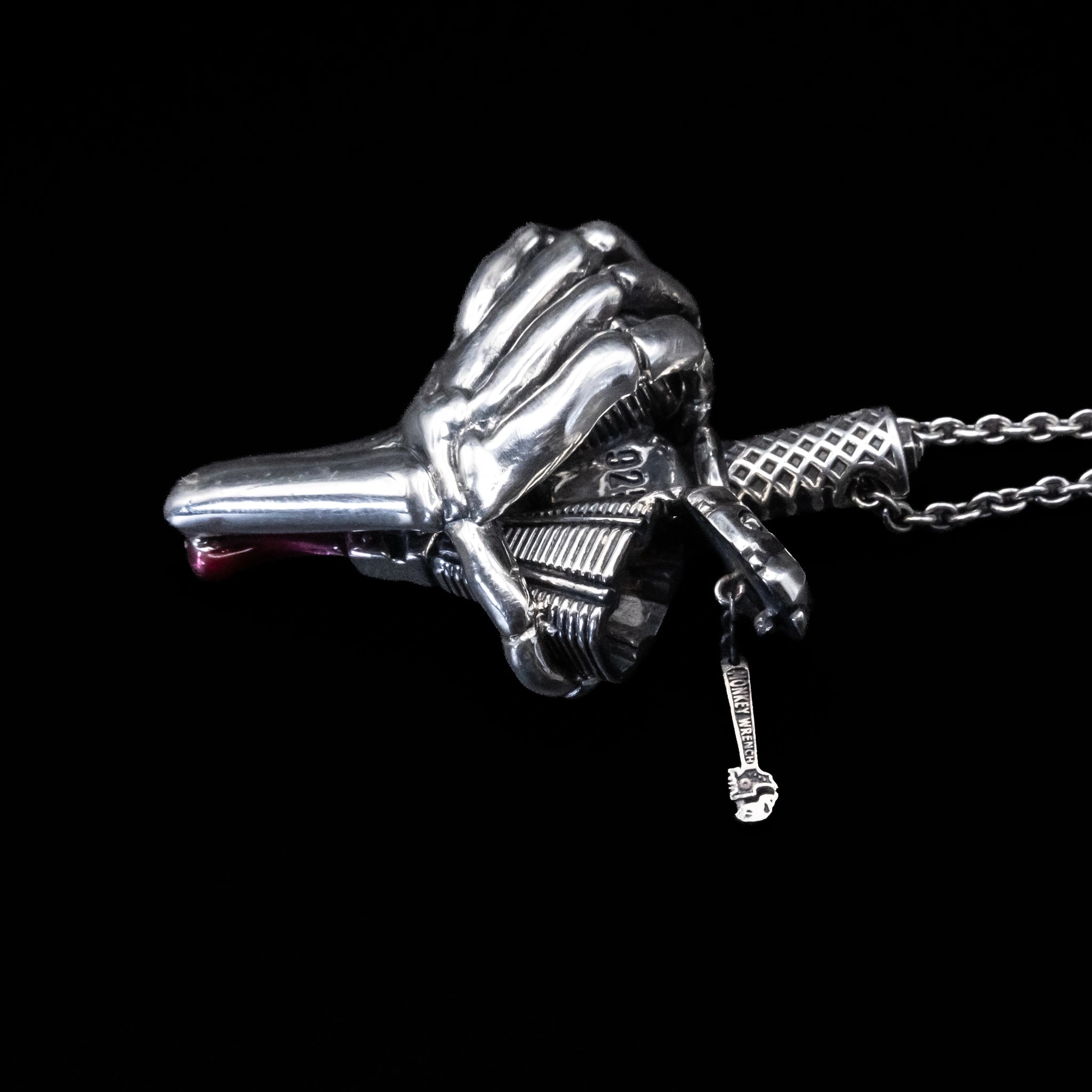 heart of power v twin engine necklace sterling silver detail