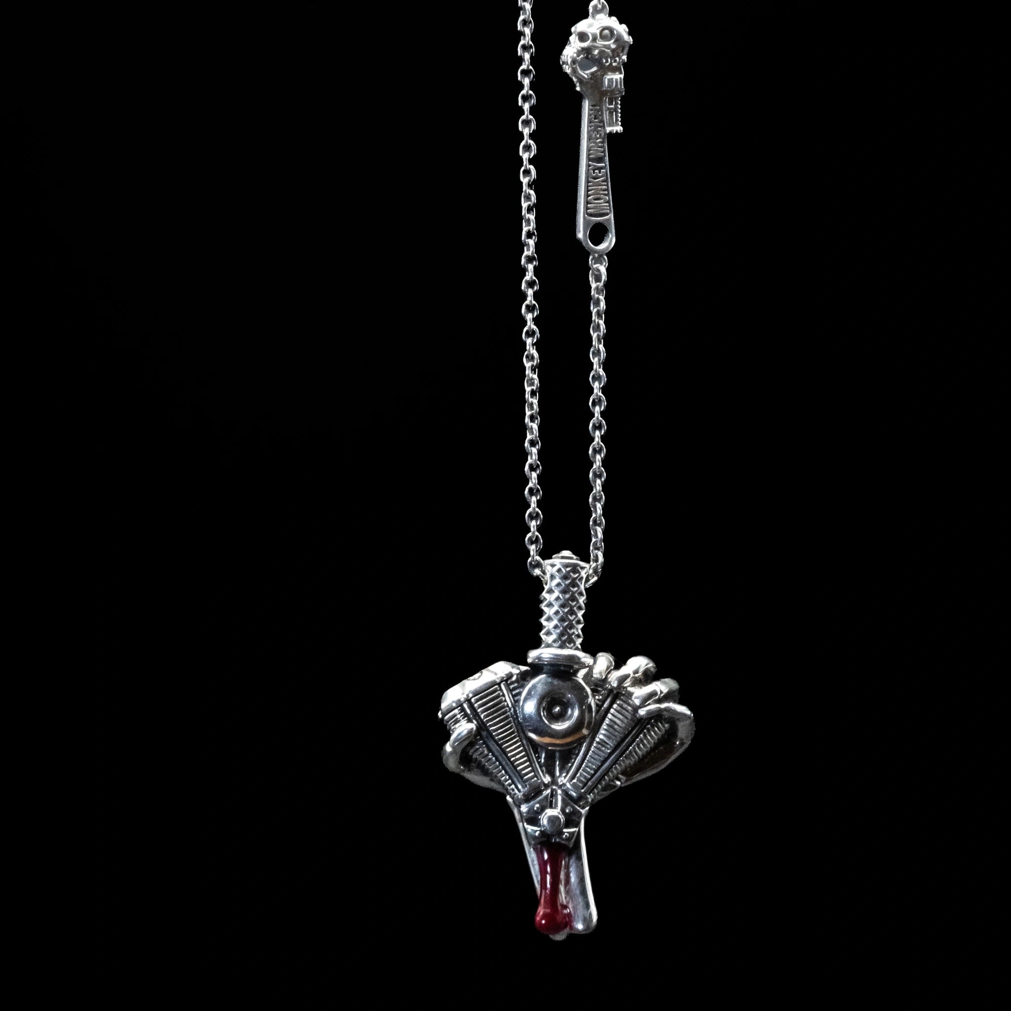 heart of power v twin engine necklace sterling silver front