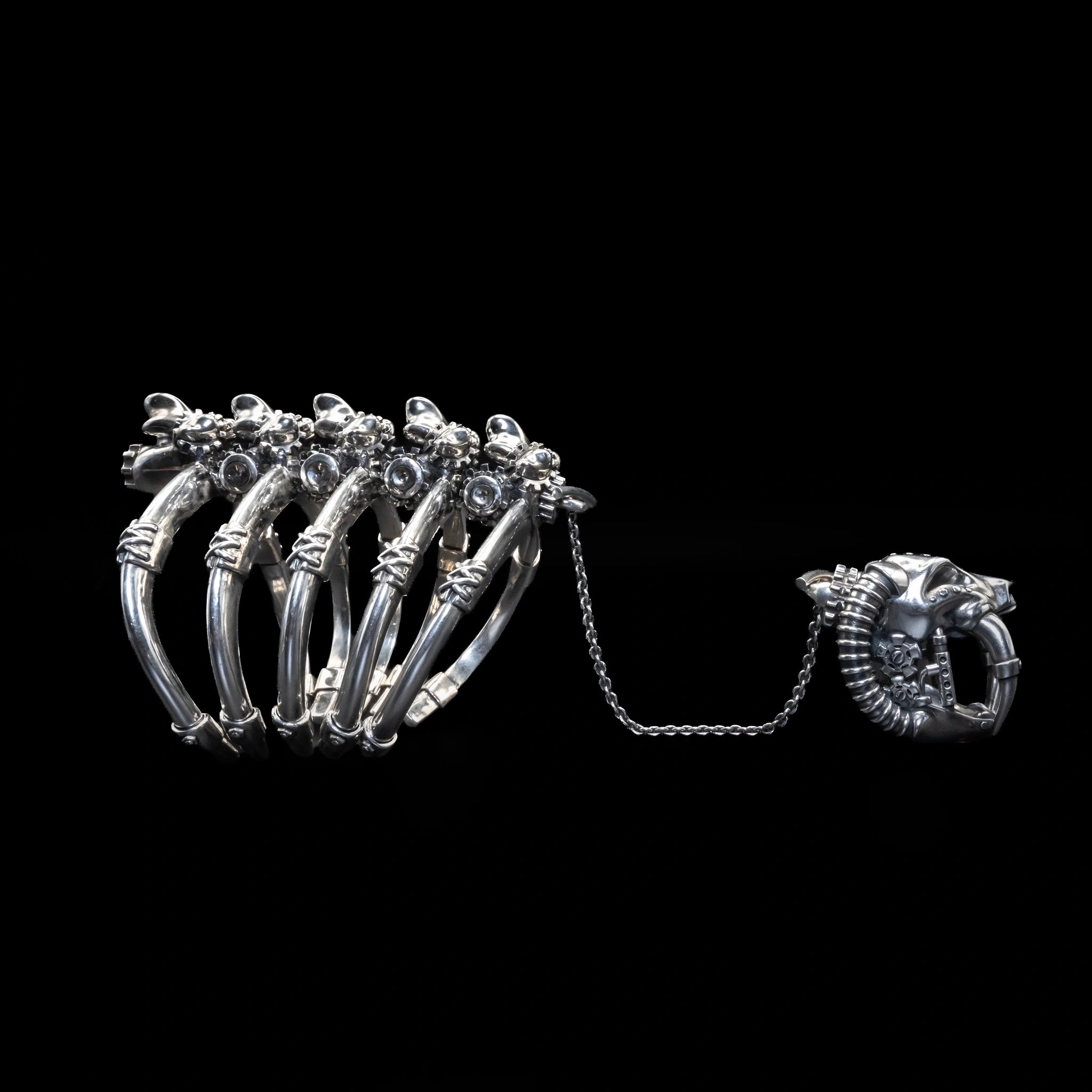 sabretooth skull ring cuff sterling silver set front