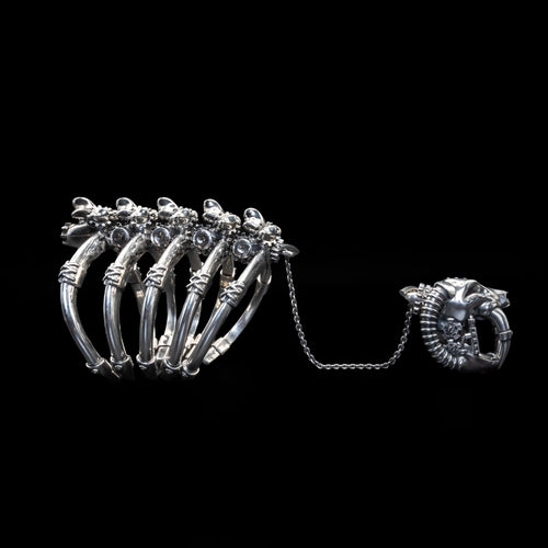sabretooth skull ring cuff sterling silver set front