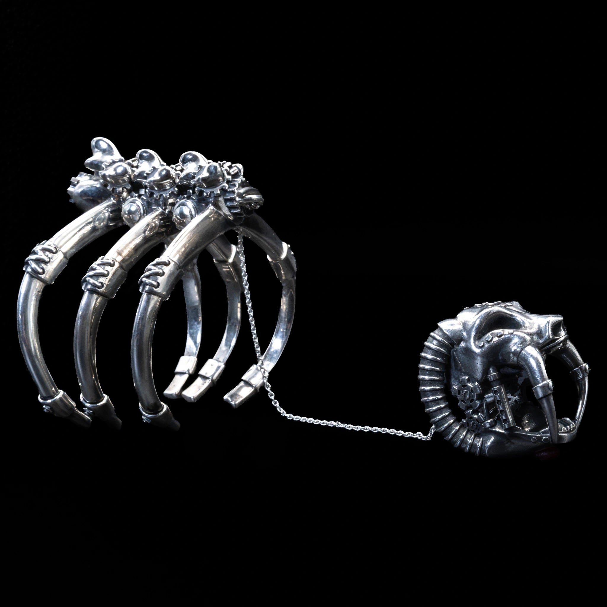 sabretooth skull ring cuff sterling silver three rib set angle
