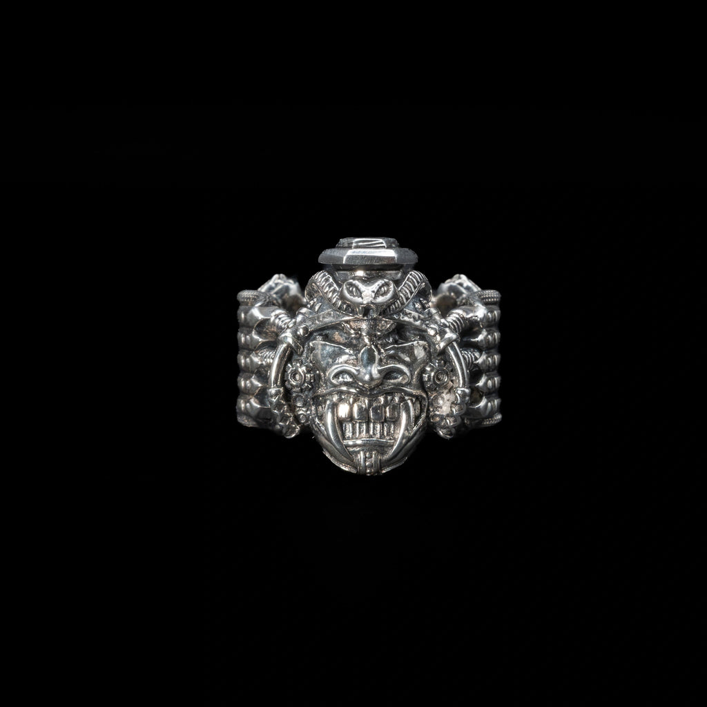 samurai mask ring sterling silver close up