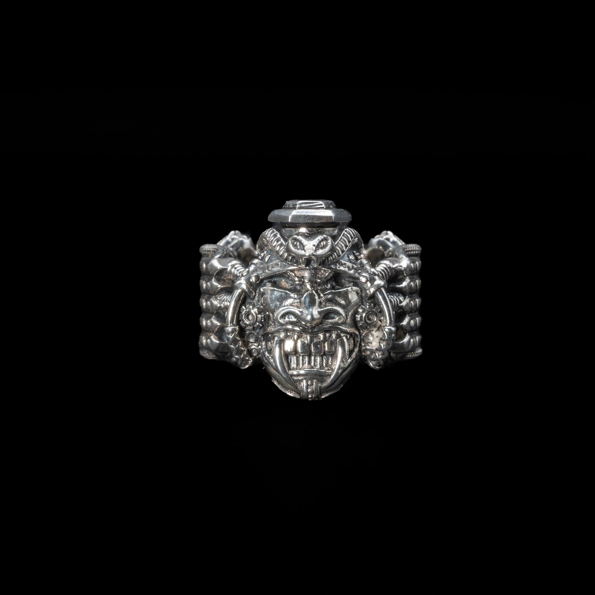 samurai mask ring sterling silver close up