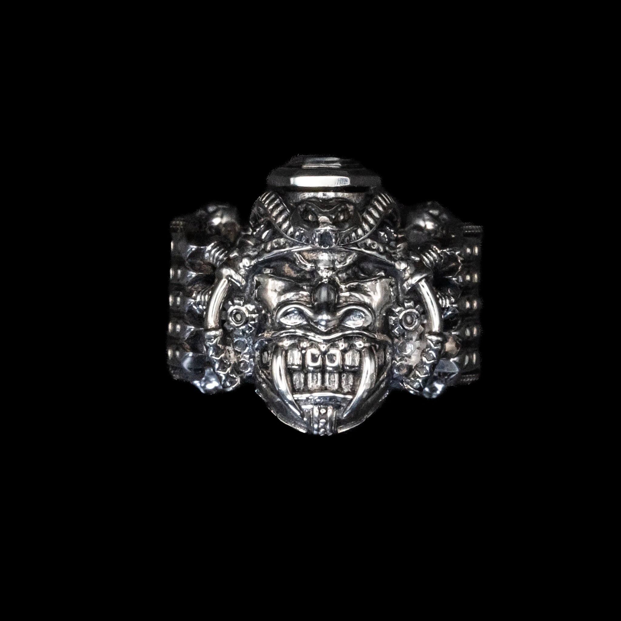 samurai mask ring sterling silver front
