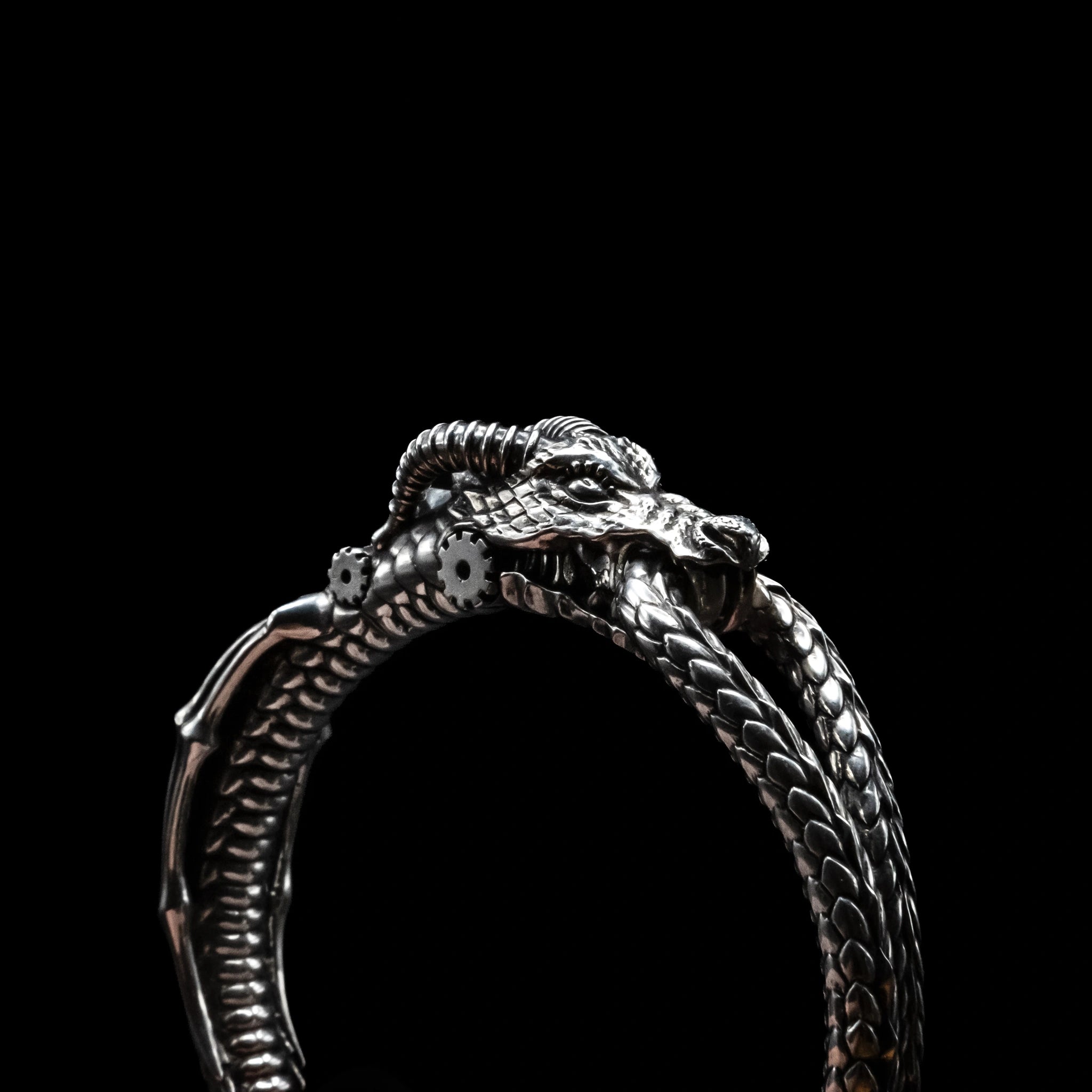 wyvern oroborus bangle bracelet sterling silver head detail